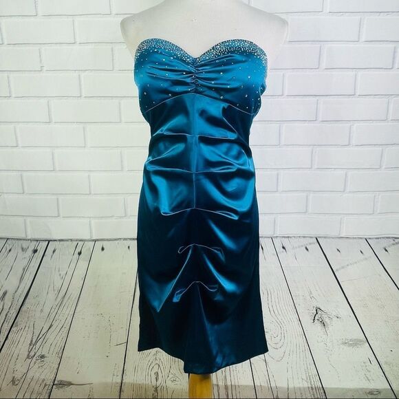Jump Apparel by Wendye Chaitin Teal Satin Rhinestone Strapless Dress - 11/12 - Picture 1 of 16